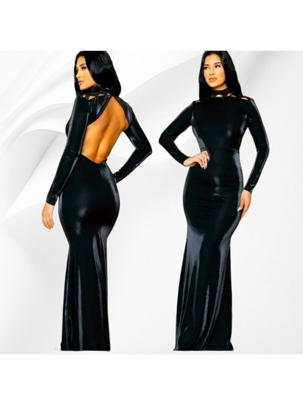 Mermaid Maxi Dress | Shimmer | Back Out | Mock Neck | Black